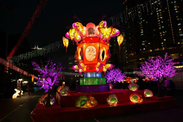 Colorful Lanterns at the Hong Kong Cultural Centre Piazza lit for Spring Lantern Festival