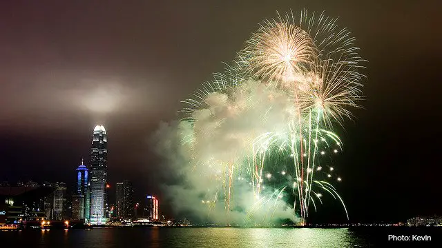 Fireworks launched from barges in Hong Kong harbour