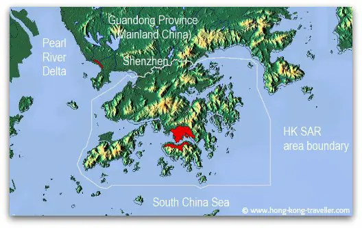 Clinging to the southern tip of China's Guangdong  Province (Canton) and bordering the city of Shenzhen, 
  Hong Kong lies on the eastern edge of the Pearl River Estuary surrounded by the South China Sea.