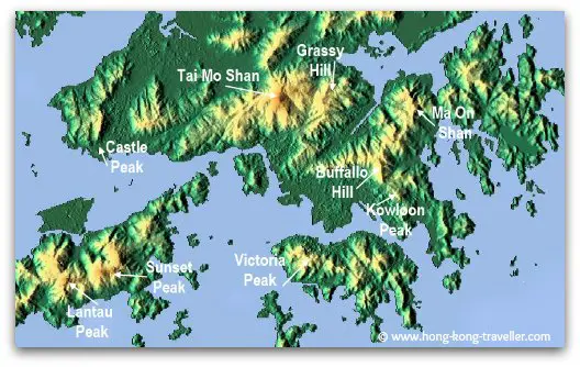 Hong Kong Mountains and Peaks Locations: Tai Mo Shan, Lantau Peak, Sunset Peak, Ma on Shan, Grassy Hill, Buffalo Hill, Kowloon Peak, Castle Peak, Victoria Peak
