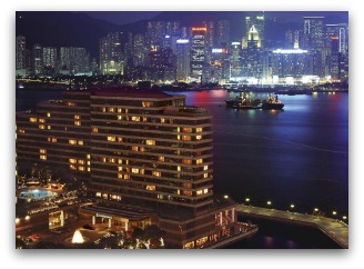 Harbour view room with Convention Center on background at Intercontinental Hotel in Hong Kong