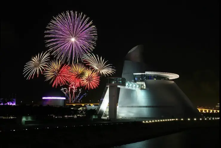 Macau International Fireworks Contest views from Macau shoreline, Macau Science Center