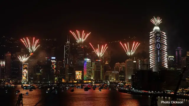 Fireworks launched from buildings in Hong Kong