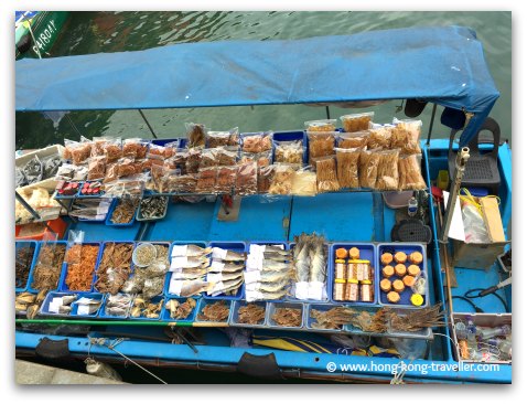 Dried seafood being sold at the floating market in Sai Kung