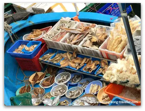 Dried seafood being sold at the floating market in Sai Kung