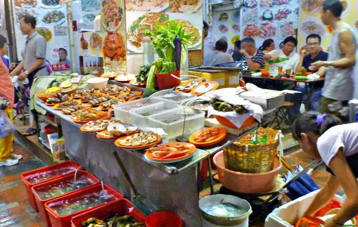 Temple Street Night Market Food Stalls Hong Kong with Sample Foods, just point